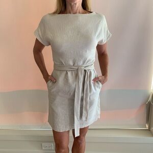 100% Linen Love and Confuse Light Beige Shift Dress with Pockets Size XS